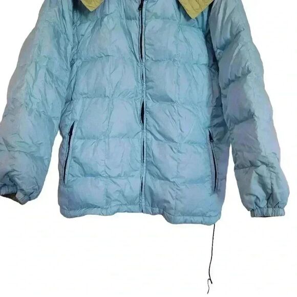 Lands' End Women's Aqua Blue & Lime Green Nylon Reversible Down Puffer Coat w De - Picture 3 of 10